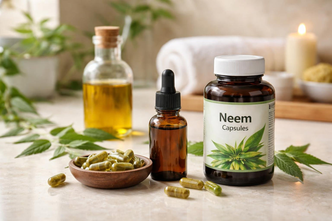 bottles of neem oil and supplement capsules