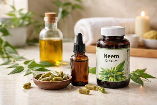 bottles of neem oil and supplement capsules