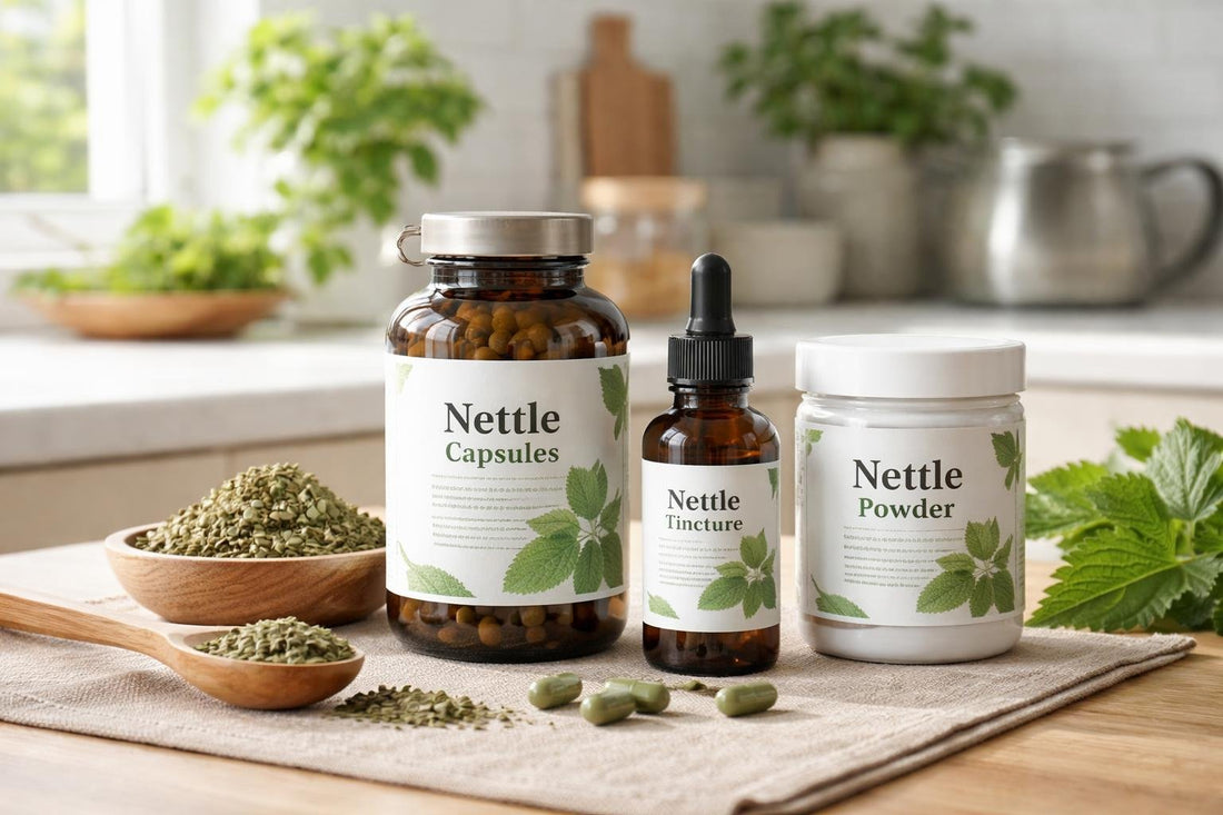 Nettle supplement bottles and dried nettle leaves