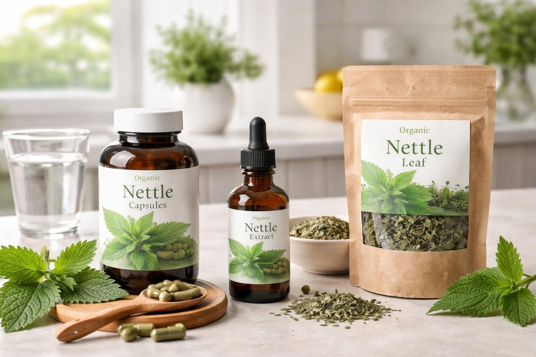 bottles and dried nettle leaves on counter