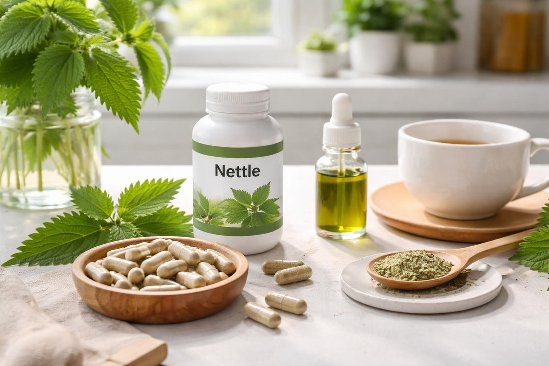Nettle herbal supplement capsules beside nettle leaves
