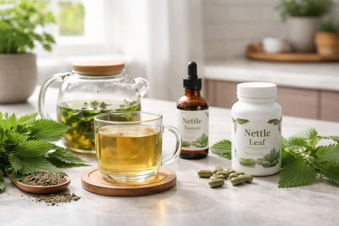 Nettle herbal supplements guide showing tea, capsules and tincture