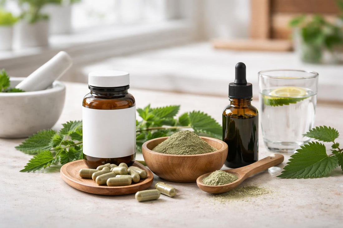 assorted nettle supplements capsules tincture powder