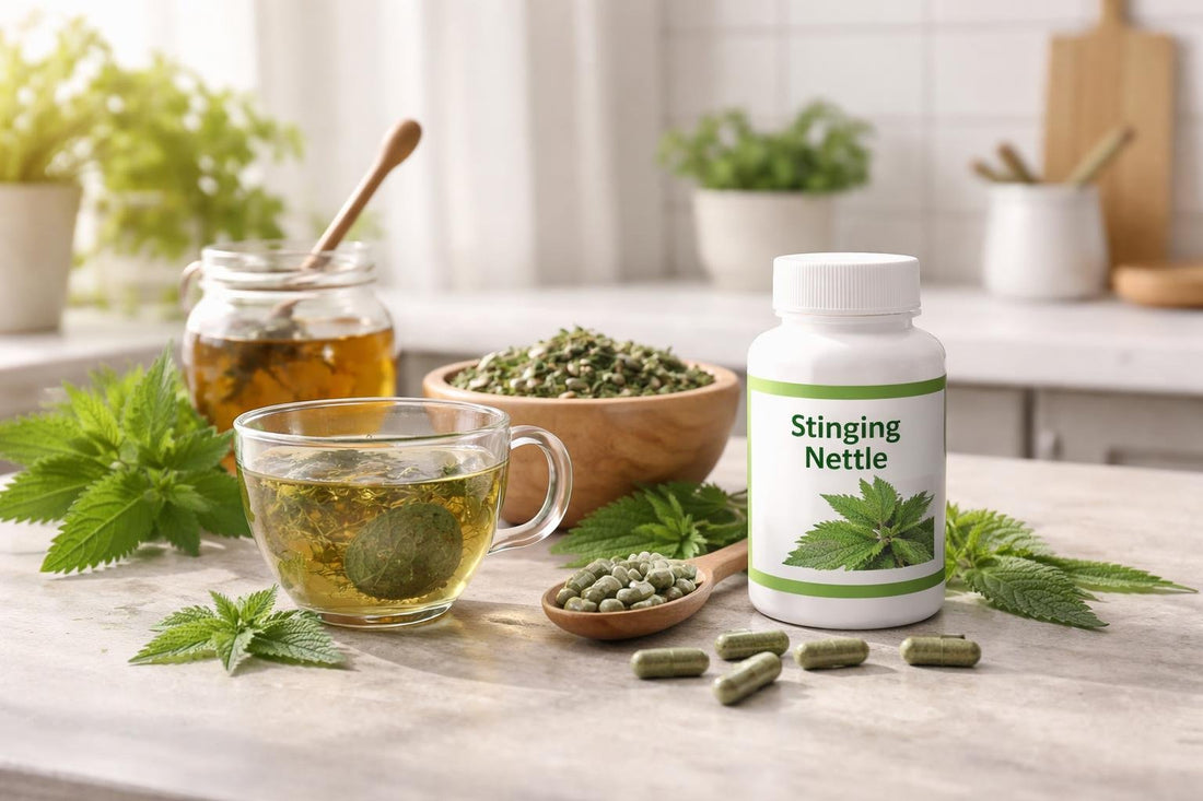 stinging nettle supplements, tea and capsules display