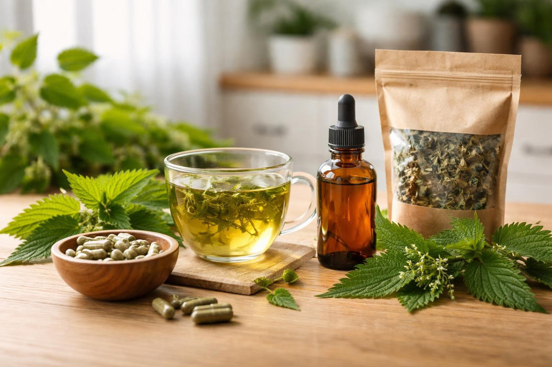 Nettle leaf tea, capsules and tincture on wooden table