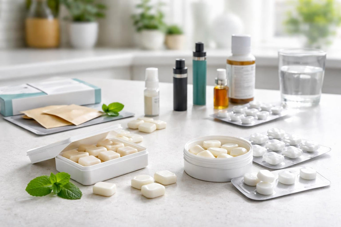 assorted nicotine gums and lozenges on table