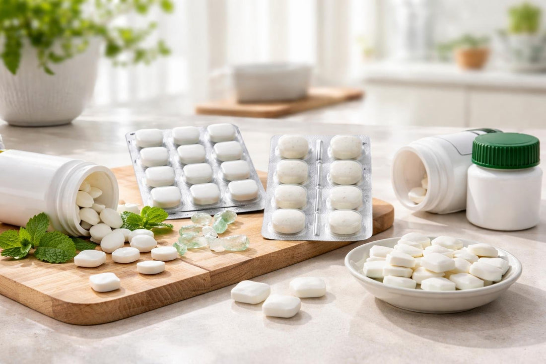 Assorted nicotine gums and lozenges on table