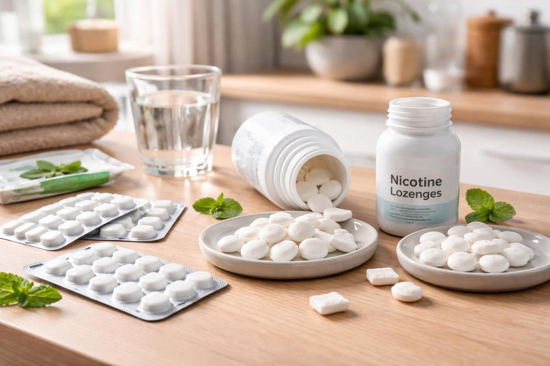assorted nicotine gums and lozenges on table