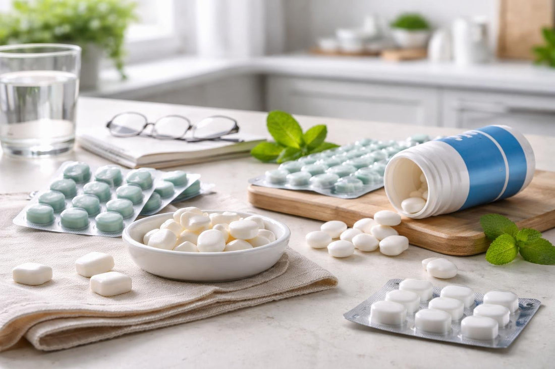 Assorted nicotine gums and lozenges on table