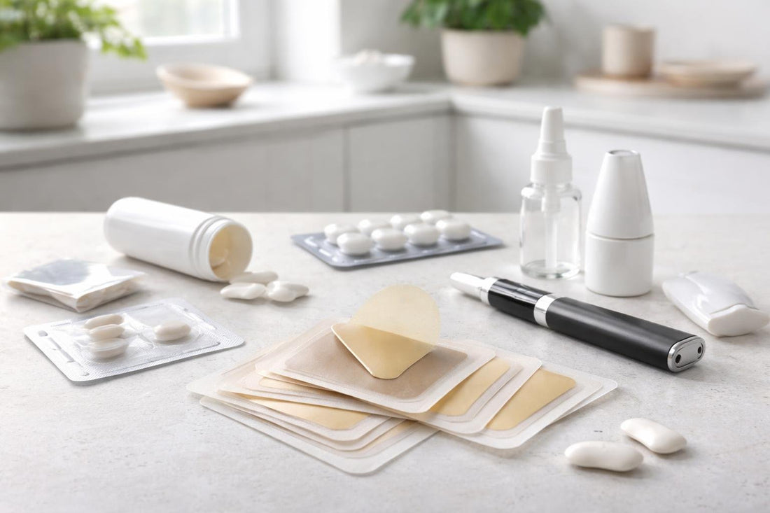 Assorted nicotine patches and quit tools on table