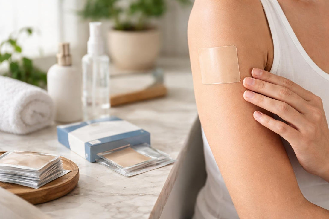 Nicotine patch applied to upper arm on clean skin