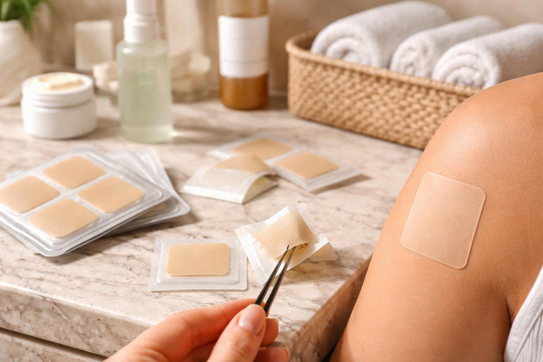 Nicotine patches on clean skin, adhesive details