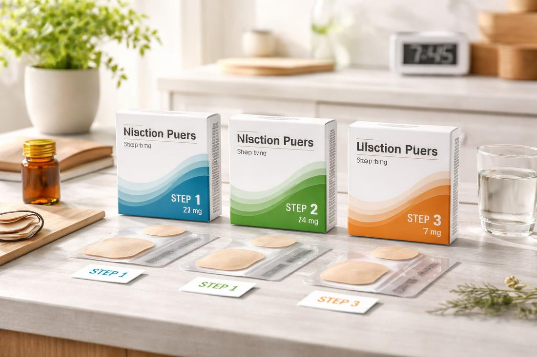 Nicotine patches laid out for beginner step-down plan