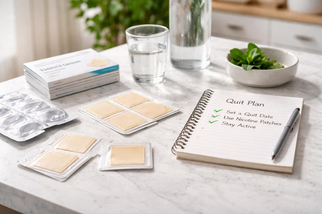 Nicotine patches and quit plan notes on a table