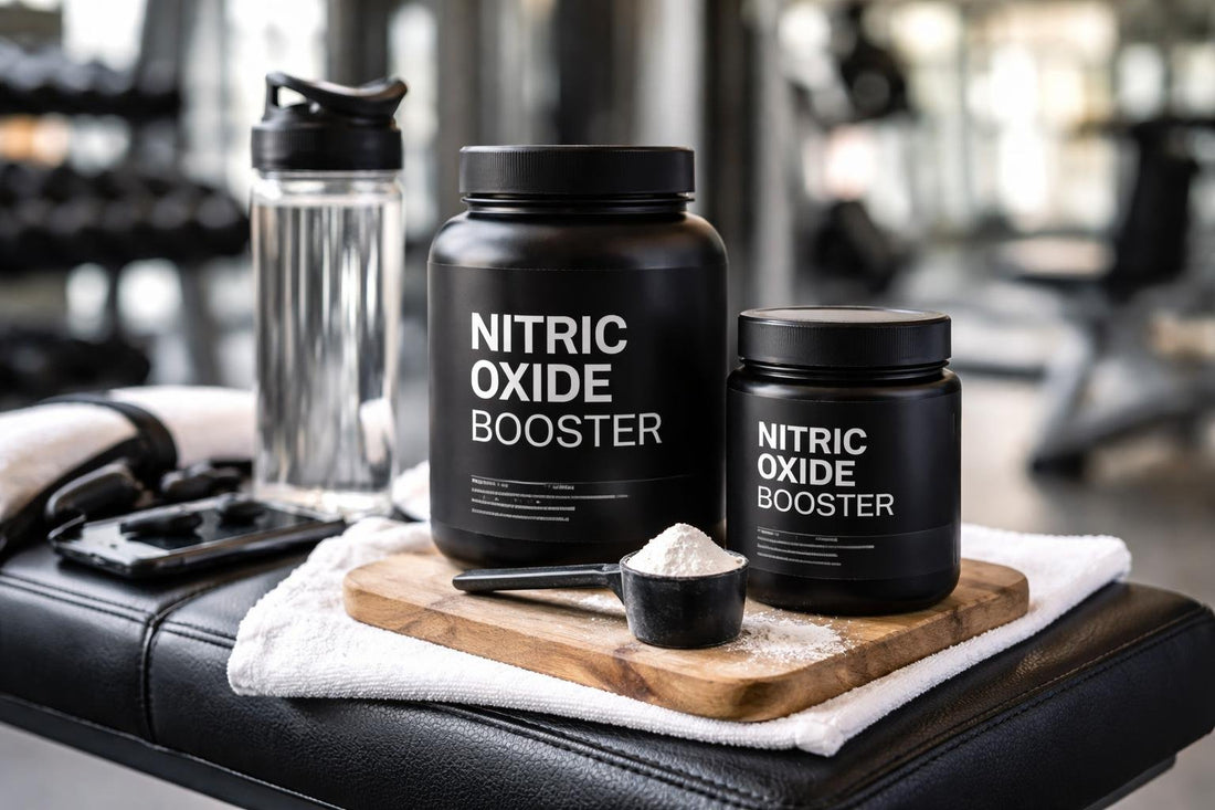 Nitric oxide boosters jars and scoop on gym bench