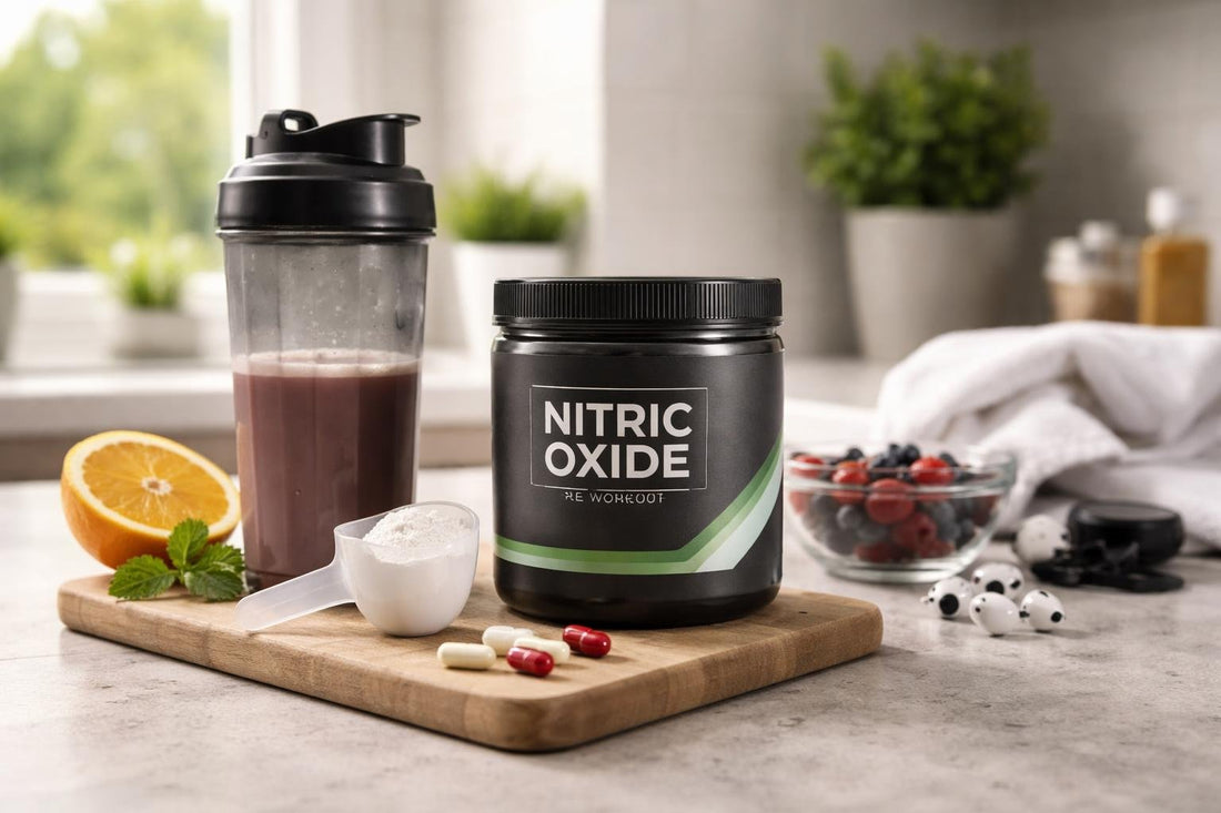 Pre-workout nitric oxide supplement with shaker for gym session