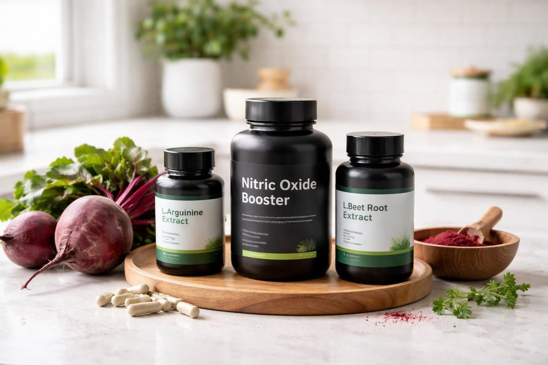 Nitric oxide supplement bottles and beetroot on table