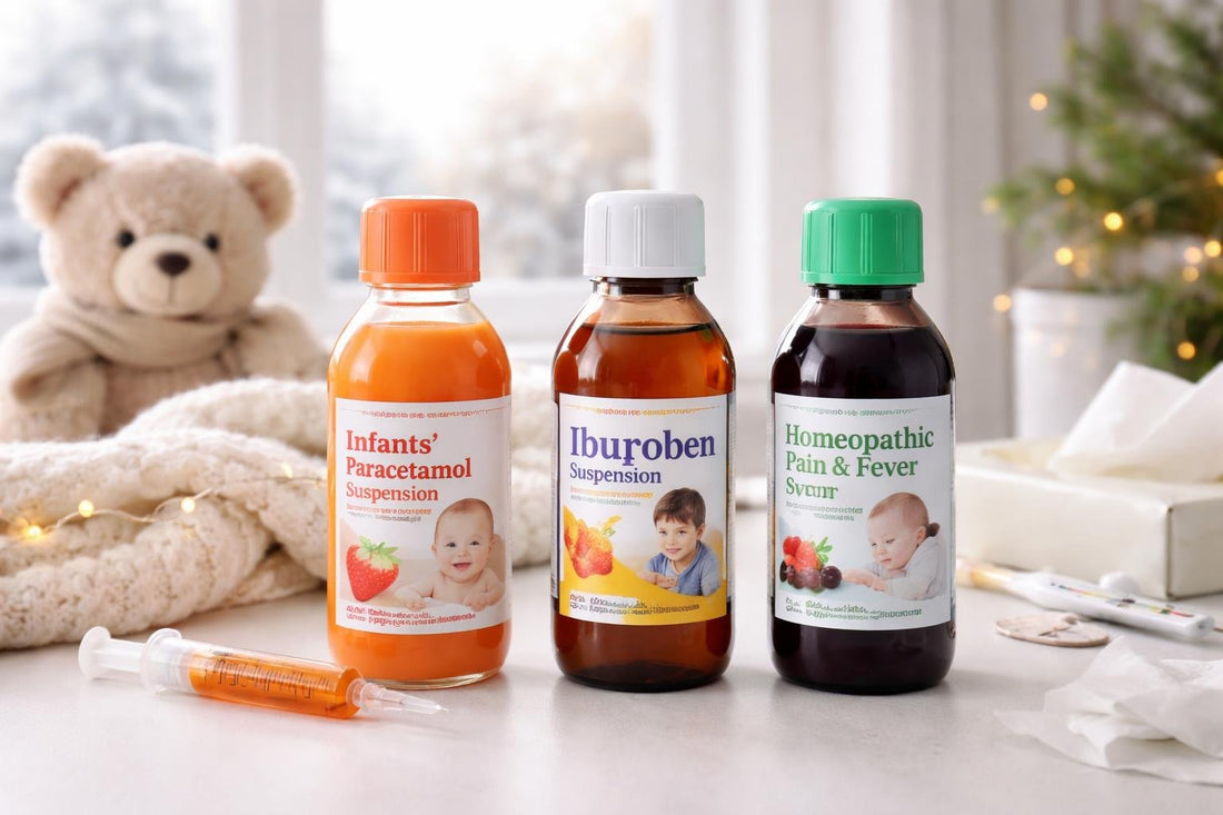 Parent choosing non-aspirin pain relief for child in winter