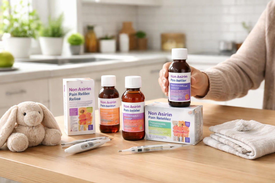 Parent selecting non-aspirin child pain relief products