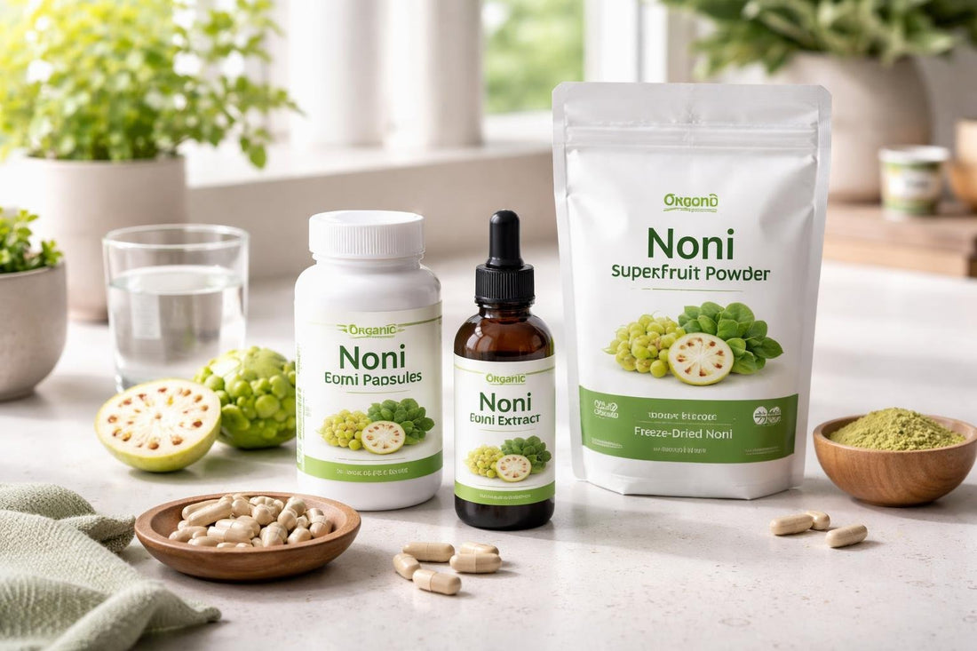Noni supplements collection bottles and capsules UK