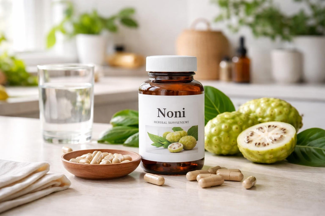 Bottle and capsules of noni herbal supplements