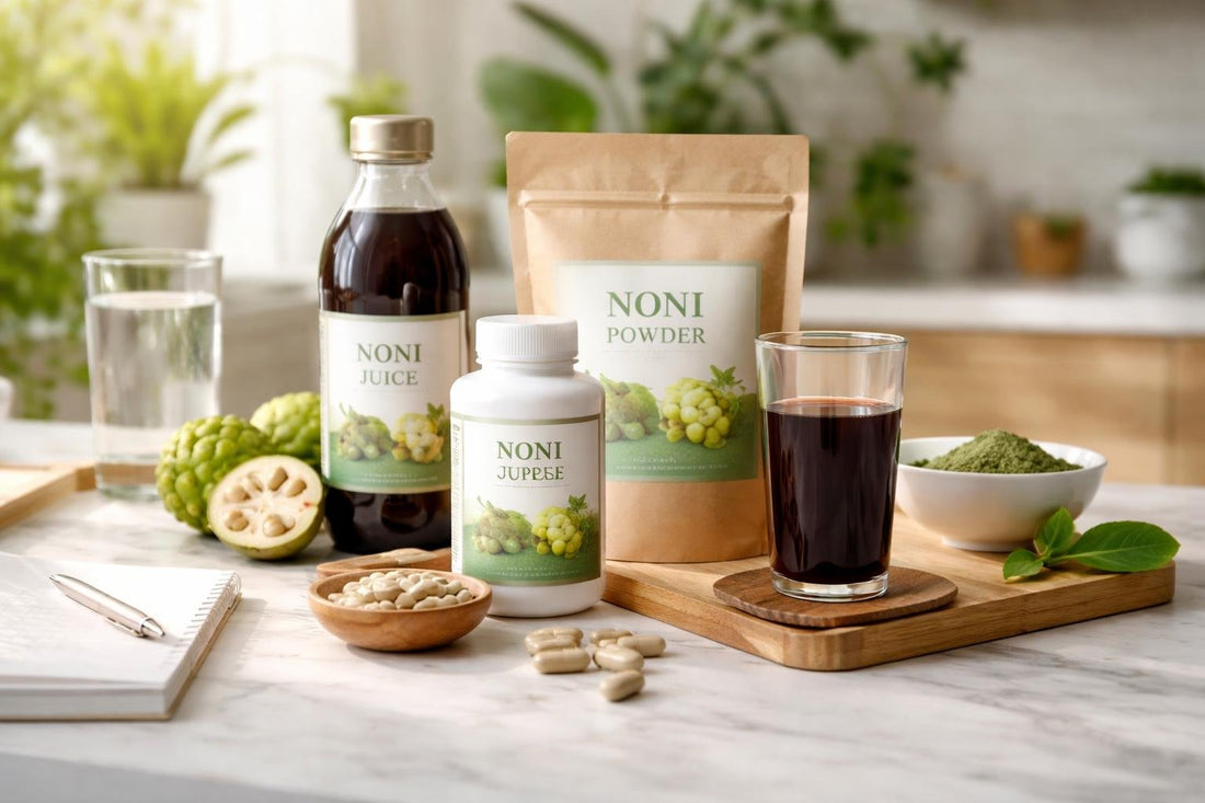 Noni herbal supplements arranged for a daily wellness routine