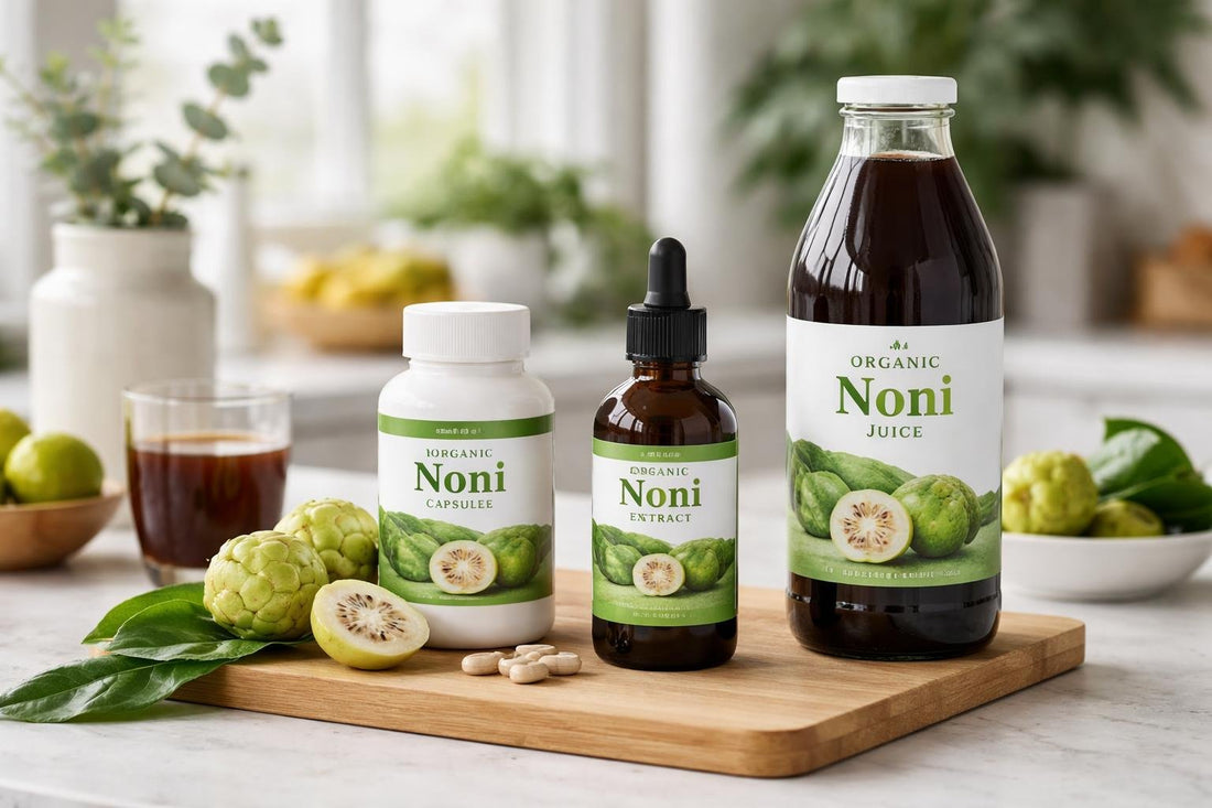 Noni supplements bottles and fresh fruit for
