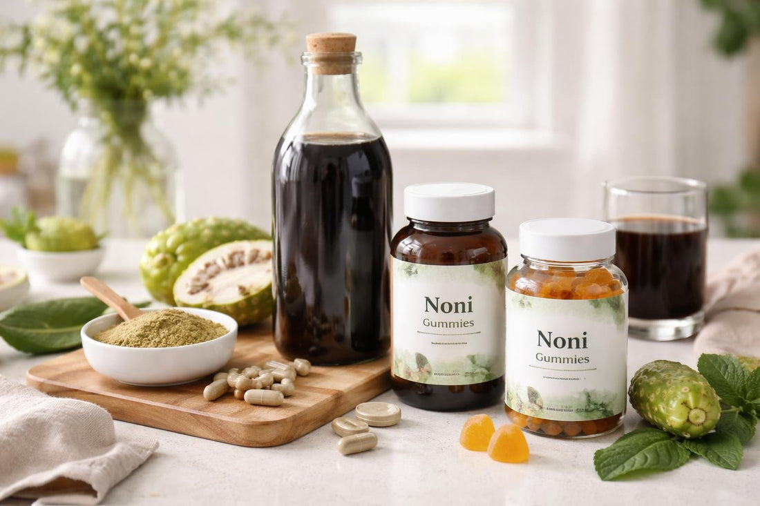 Herbal noni supplements collection arranged with capsules and juice