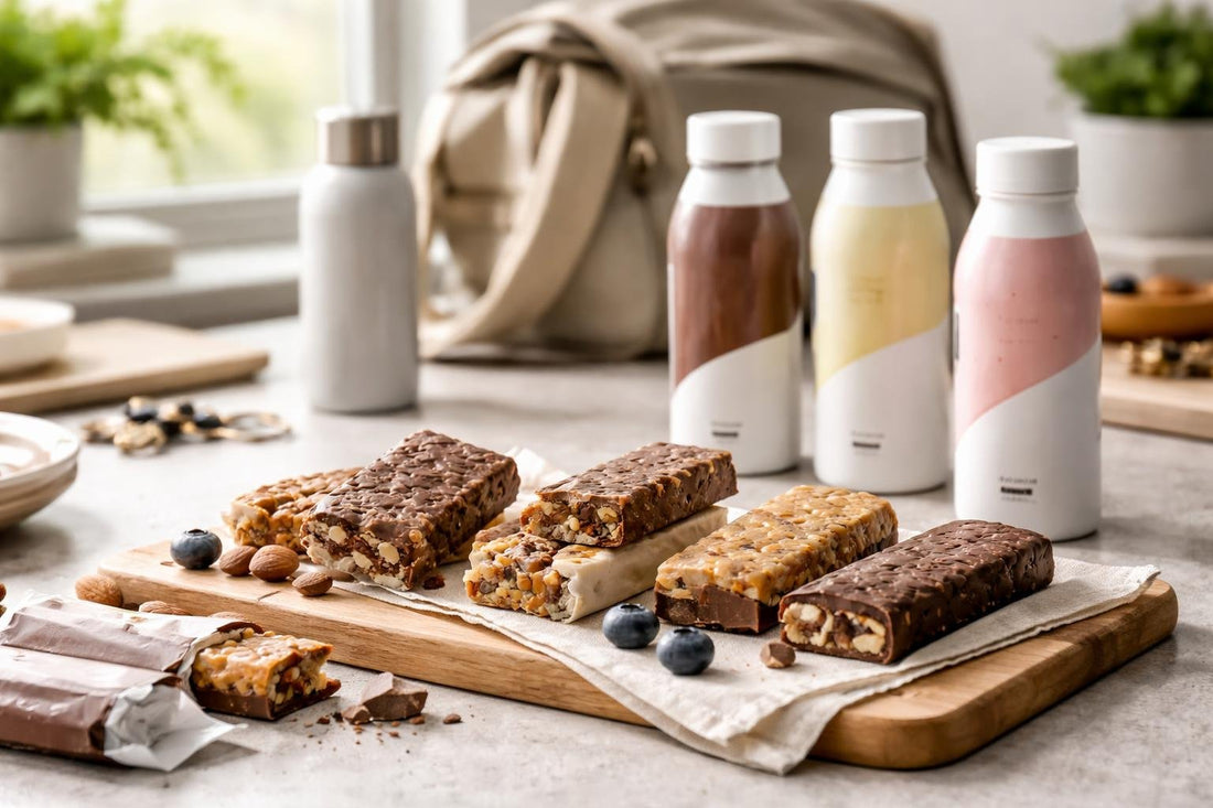 Assorted nutrition bars and ready-to-drink shakes for travel