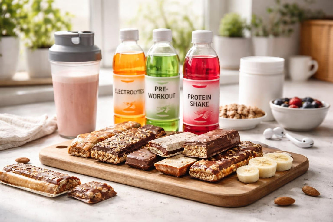 Assorted nutrition bars and sports drinks on a kitchen counter