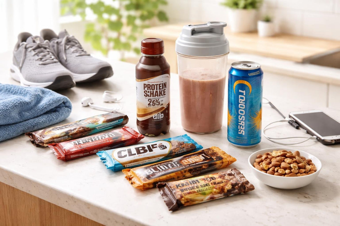 selection of nutrition bars and recovery drinks