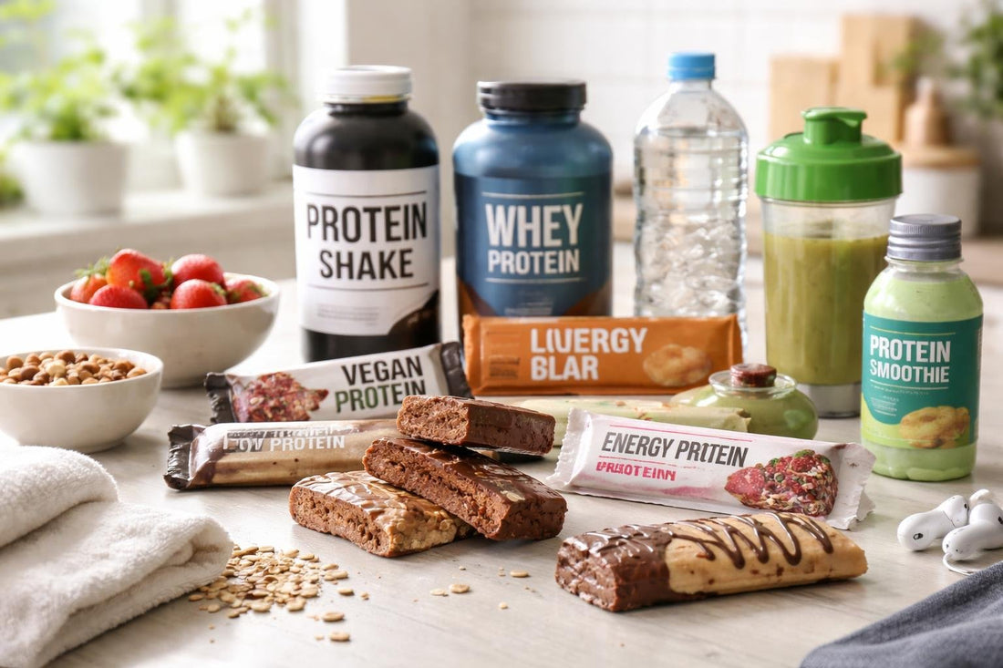selection of nutrition bars and drinks spread