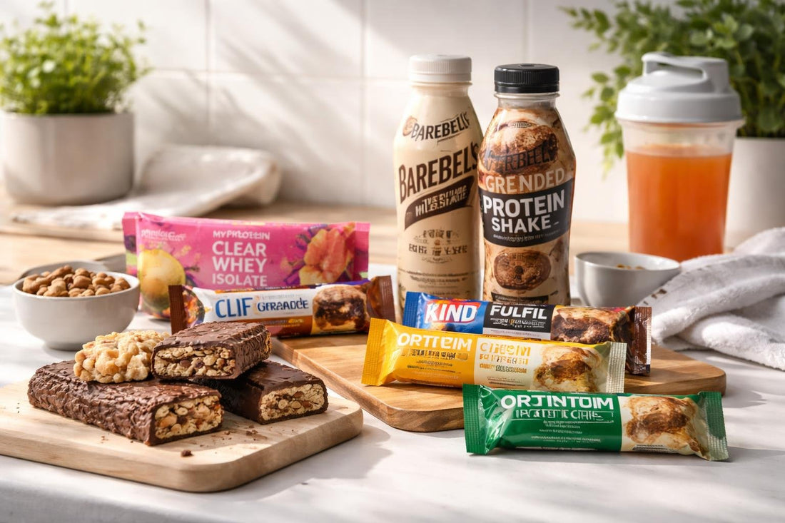 selection of nutrition bars and drinks for gym fuel