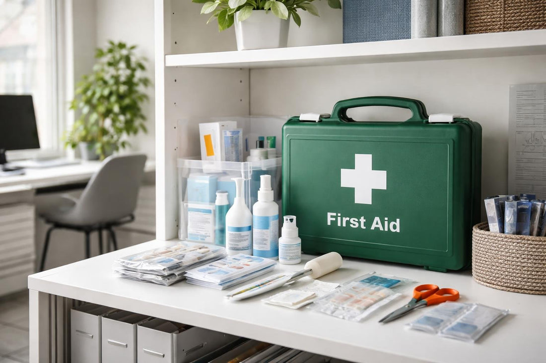 First aid kit items on a small office shelf