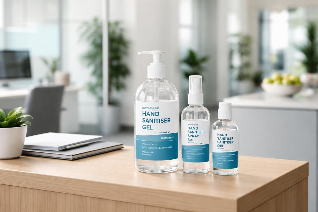 Office hand sanitiser bottles on a reception desk