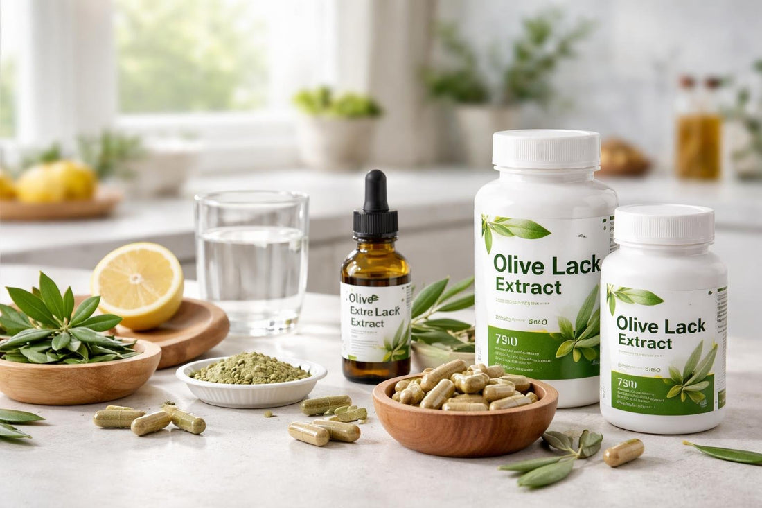 Bottles of olive leaf supplements and capsules