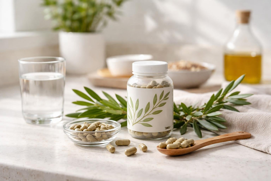 Olive leaf supplement capsules beside fresh green leaves