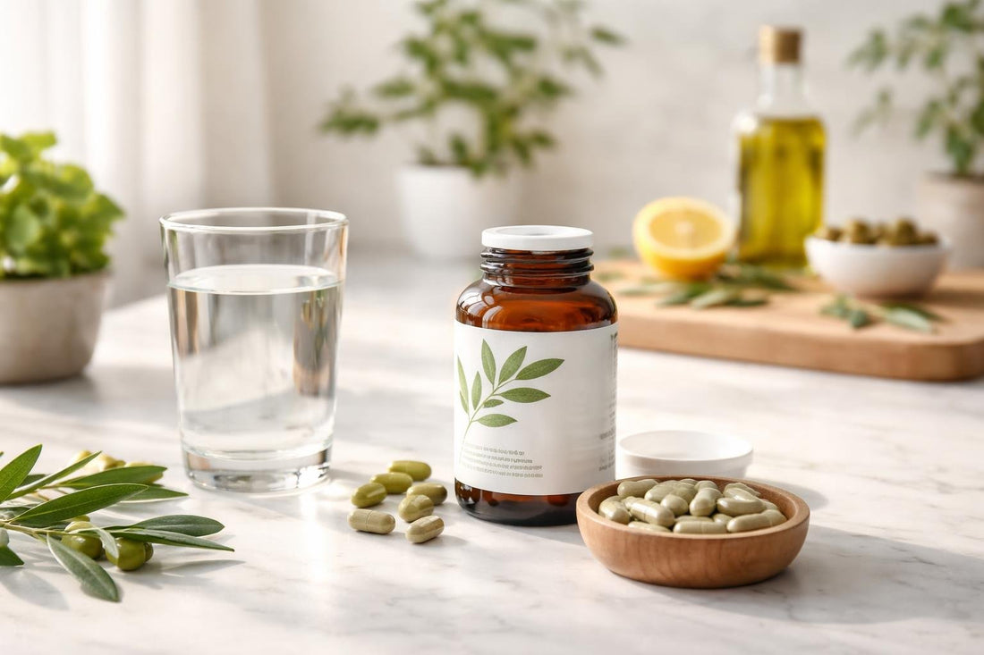 Olive leaf botanical supplements beside glass of water