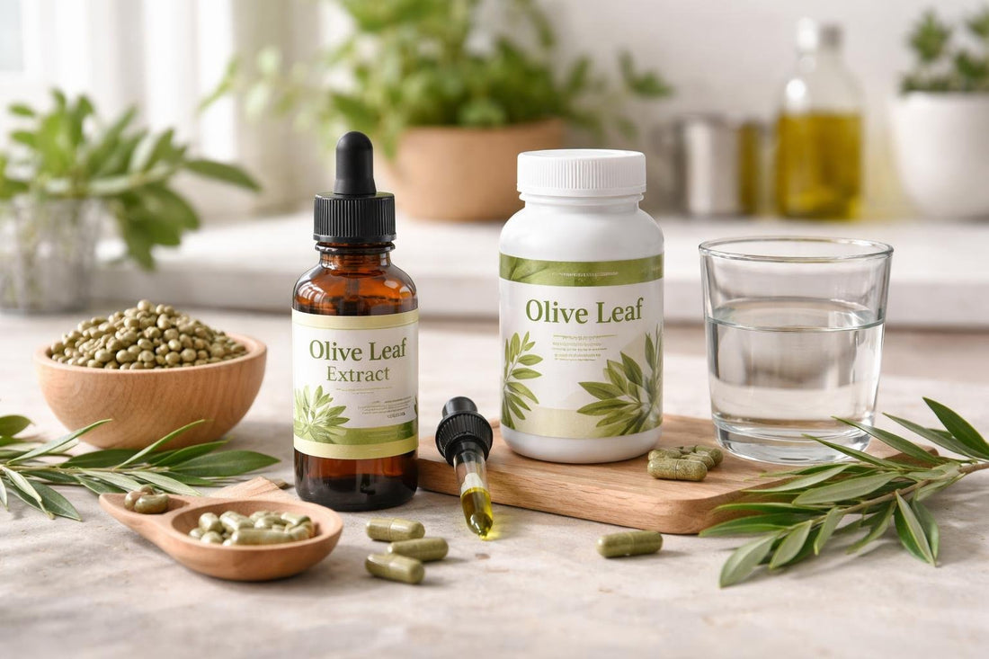 Olive leaf botanical supplements in capsules and liquid extract
