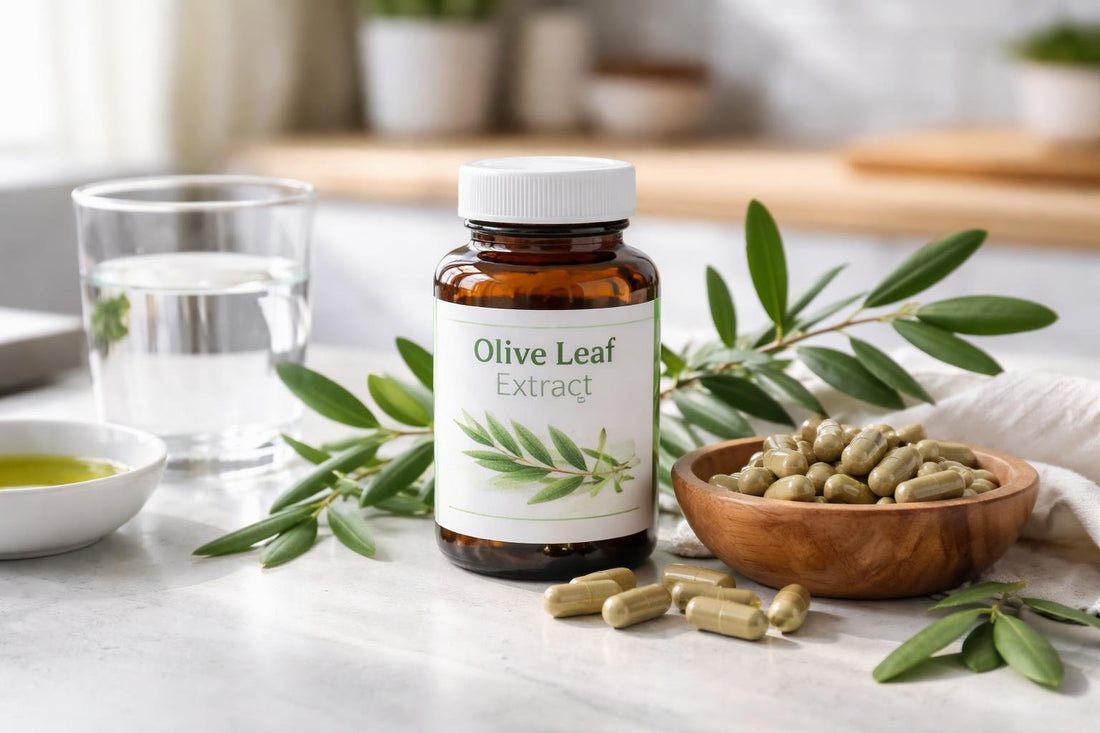 olive leaf supplements bottle with fresh leaves