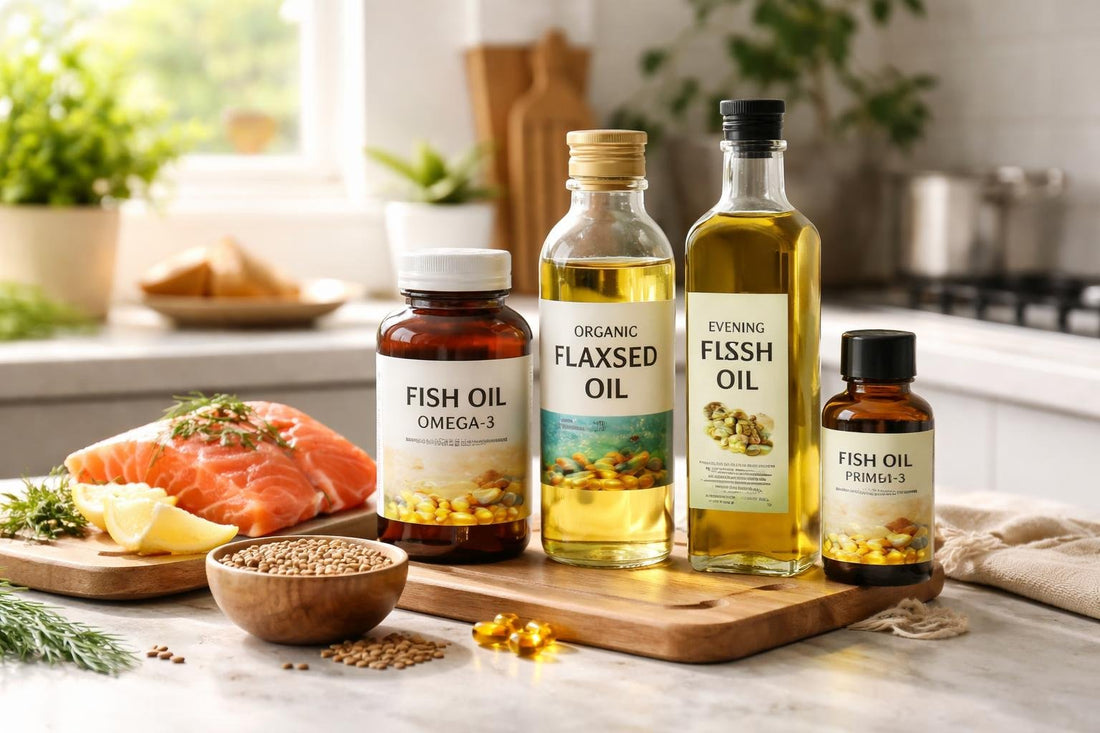 Omega 3 6 and 9 oils on kitchen counter