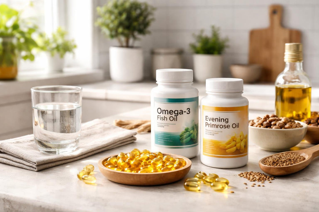 Omega 3 and Omega 6 supplement capsules on kitchen table