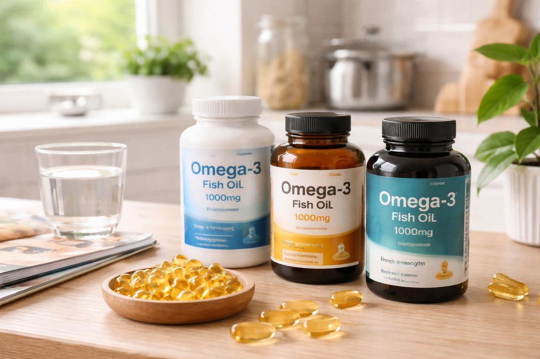Assorted omega-3 fish oil supplement bottles and softgels on table