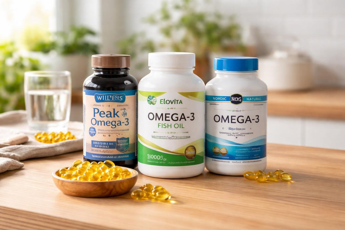 bottle of omega 3 fish oil supplements on wooden table