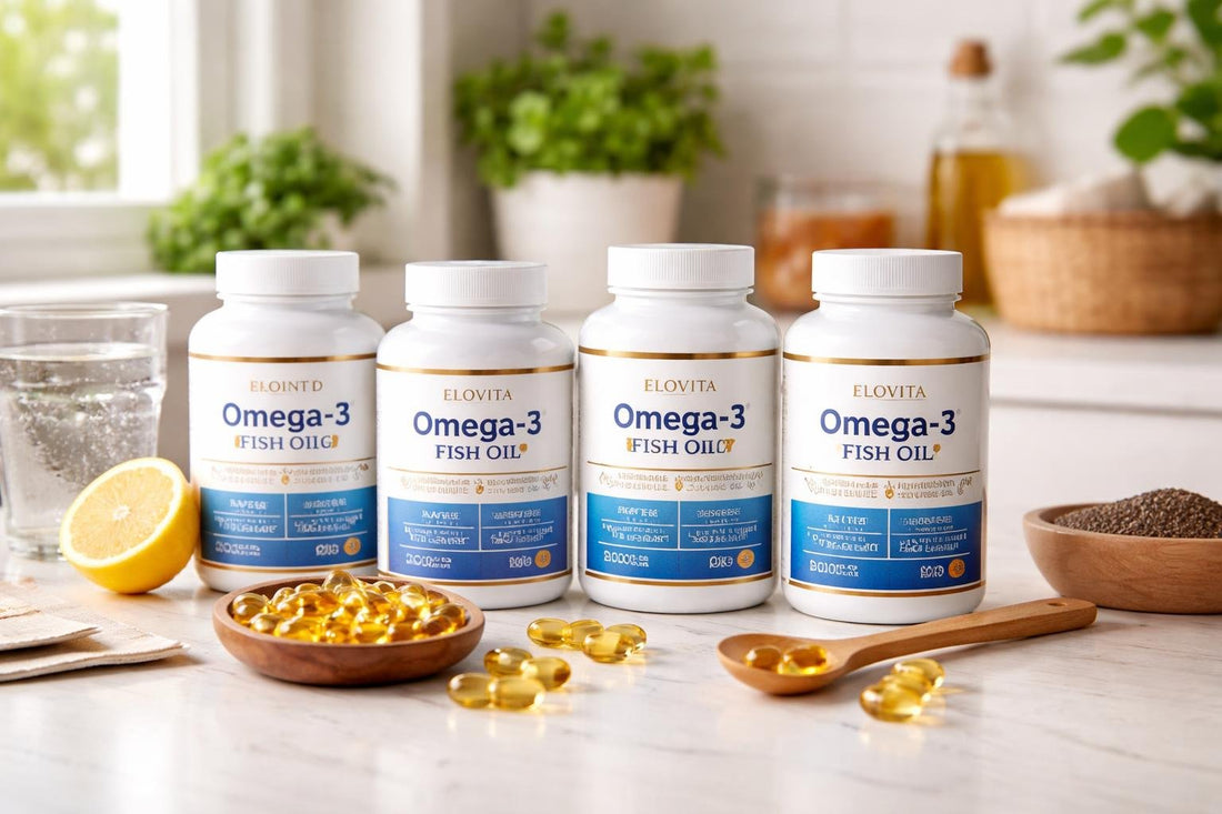 Assorted omega-3 fish oil supplement bottles and capsules