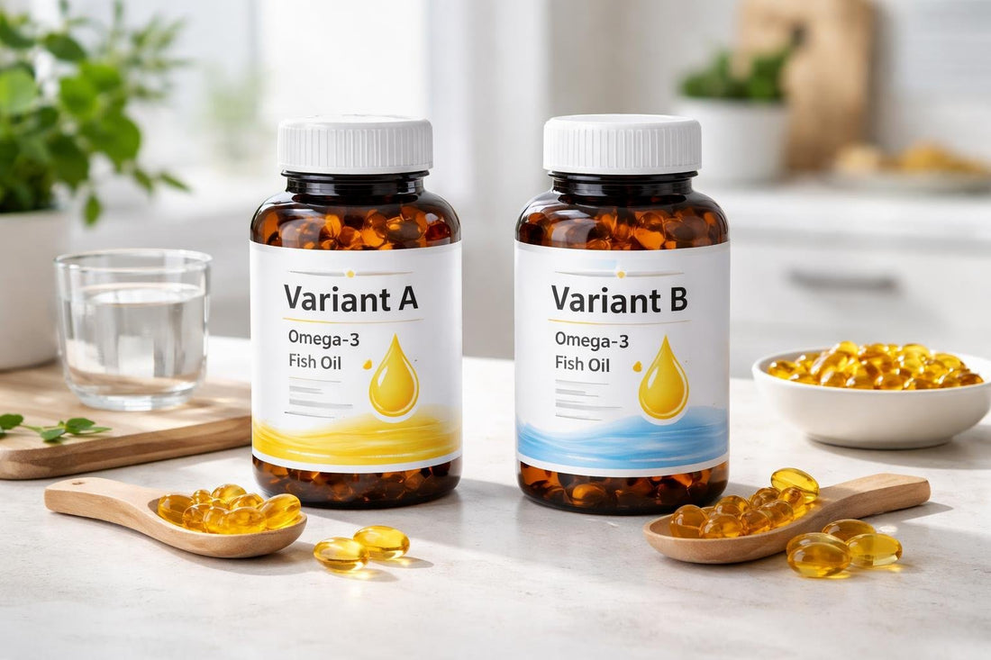 Two omega 3 fish oil bottles with capsules beside