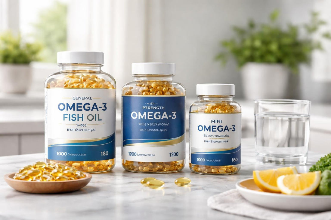 Assorted omega 3 fish oil supplement bottles UK