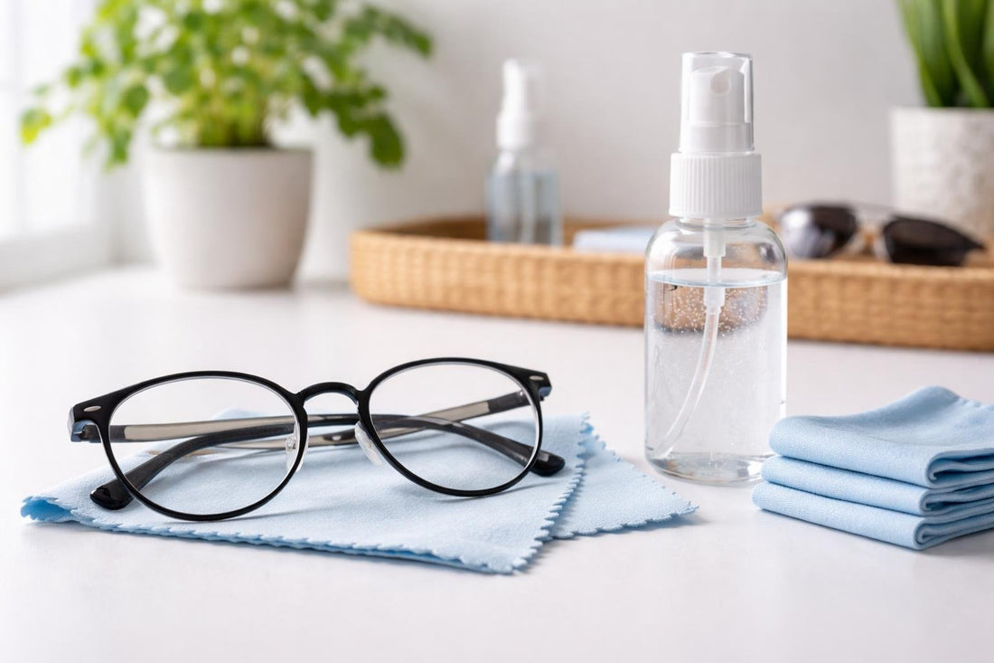 Close-up of spectacles and cleaning spray on microfibre cloth