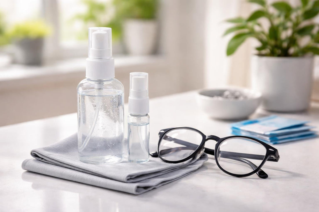 Optical eyeglass cleaning fluid spray with microfibre cloth