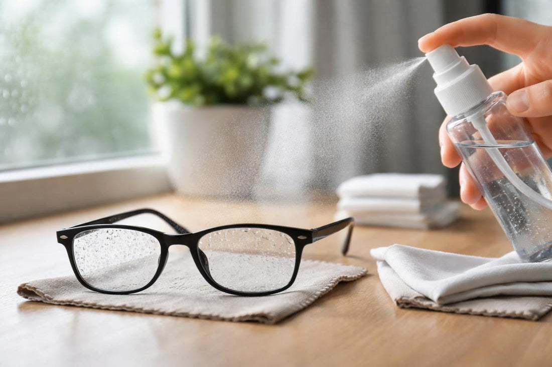 Optical eyeglass cleaning fluid spray on lenses in rain